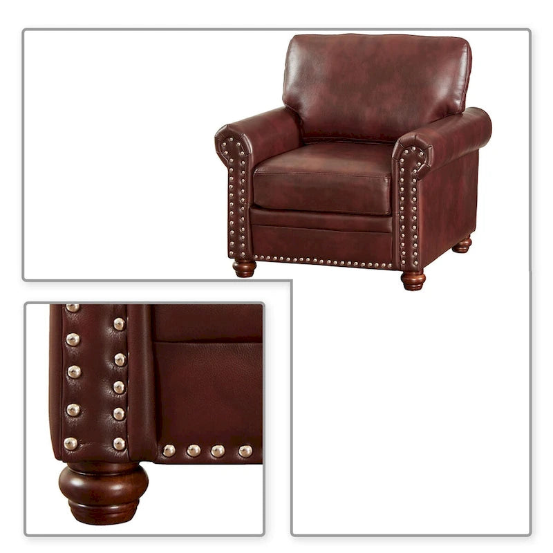 Fauteuil d'appoint en similicuir à accoudoirs arrondis et clous décoratifs, bordeaux