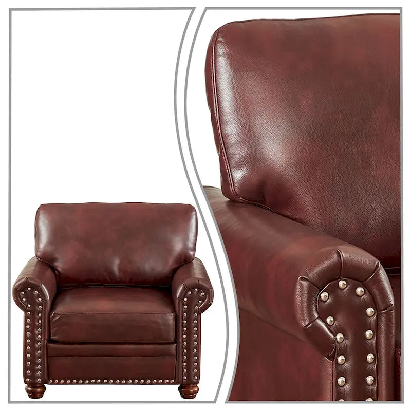 Fauteuil d'appoint en similicuir à accoudoirs arrondis et clous décoratifs, bordeaux