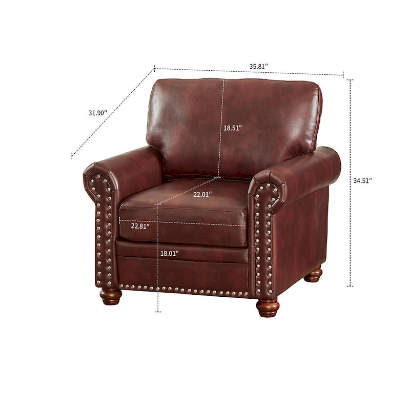 Fauteuil d'appoint en similicuir à accoudoirs arrondis et clous décoratifs, bordeaux