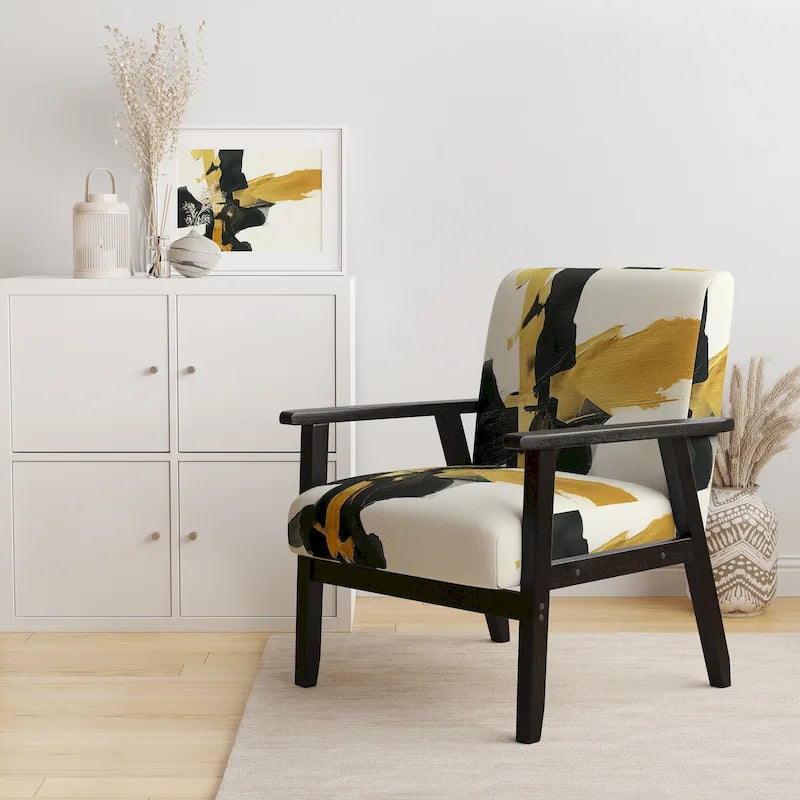 Abstract Print Upholstered Accent Chair with Wooden Frame, Multi-Color