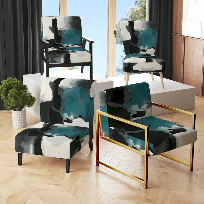 Abstract Print Upholstered Accent Chair with Wooden Frame, Multi-Color