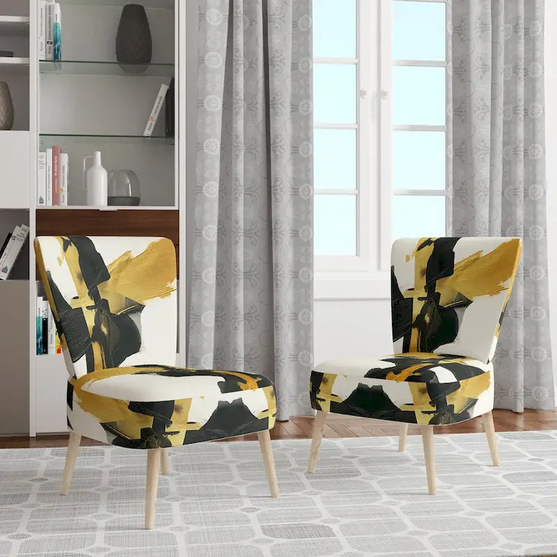 Abstract Print Upholstered Accent Chair with Wooden Frame, Multi-Color