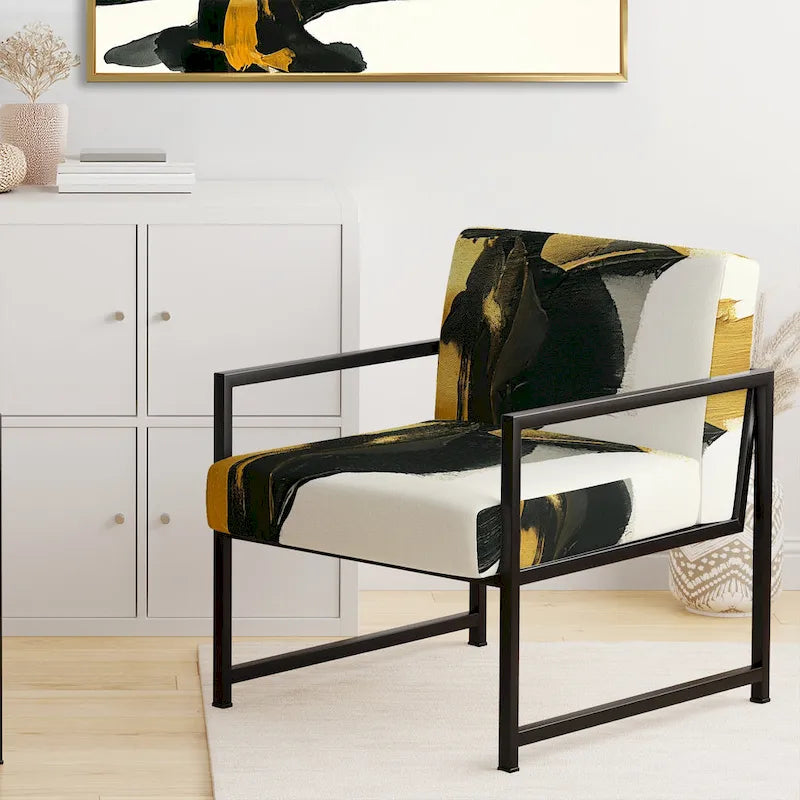 Abstract Print Upholstered Accent Chair with Wooden Frame, Multi-Color