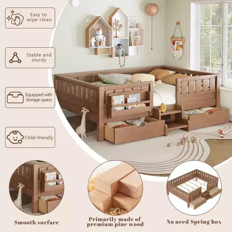 Lit pour tout-petits Bellemave Queen Size avec 14 barrières de sécurité, cadre de lit peu encombrant avec étagères intégrées et 2 tiroirs de rangement sous le lit
