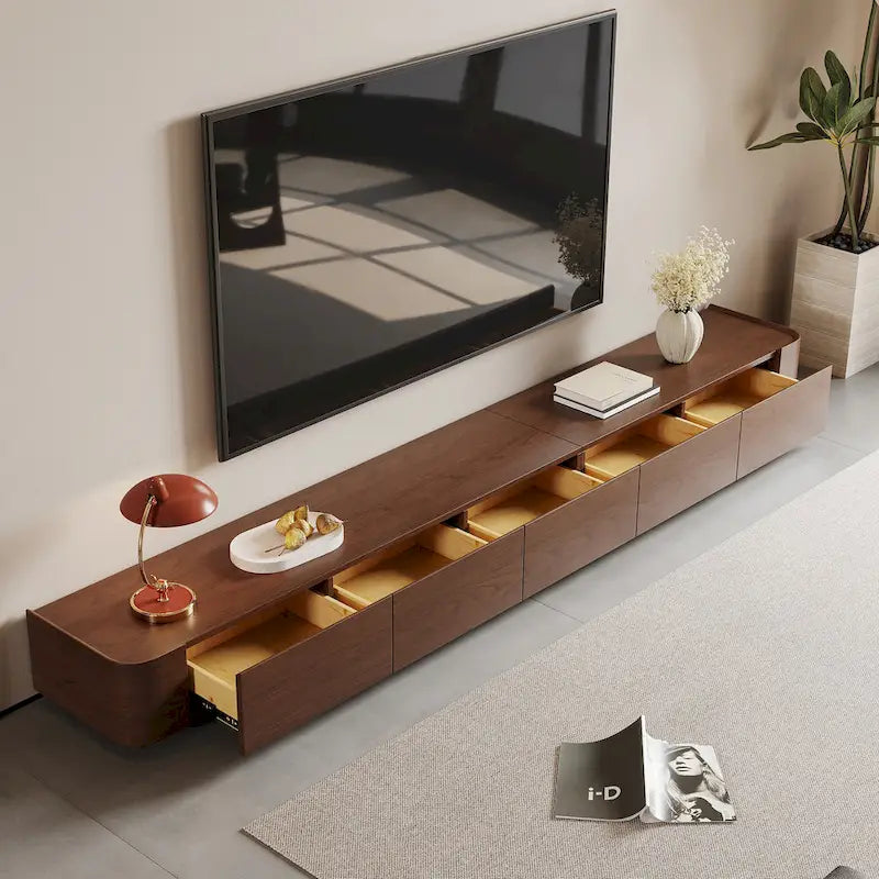 Meuble TV moderne du milieu du siècle, 4 à 6 tiroirs, console multimédia en bois massif brun