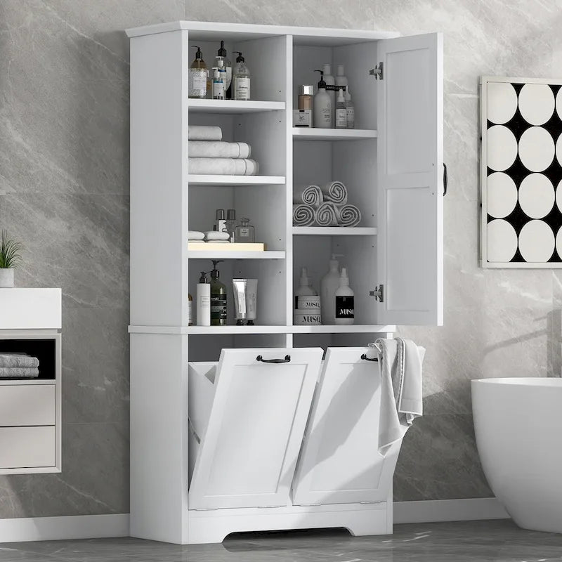 Meuble de rangement de salle de bain avec tiroirs, panier à linge inclinable, multiples espaces de rangement, étagère ouverte, étagère réglable