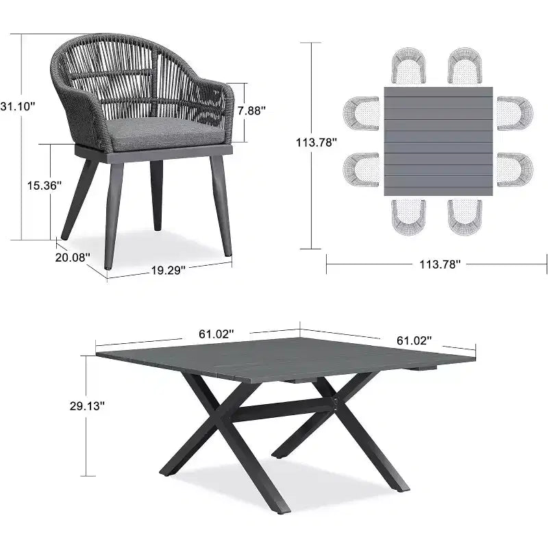 Ensemble de salle à manger d'extérieur PURPLE LEAF avec table à manger en aluminium et chaises en rotin tressé
