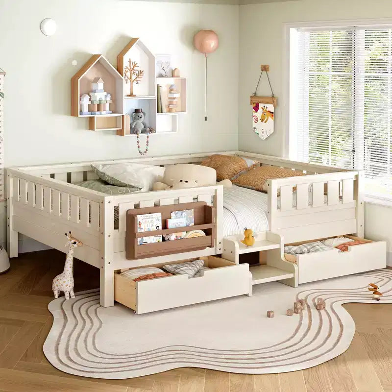 Lit pour tout-petits Bellemave Queen Size avec 14 barrières de sécurité, cadre de lit peu encombrant avec étagères intégrées et 2 tiroirs de rangement sous le lit