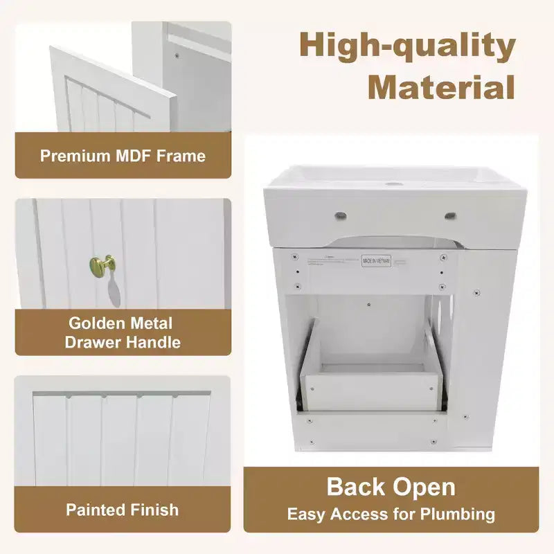 Meuble-lavabo avec évier en céramique, tiroir de rangement en MDF, étagère latérale et poignée dorée