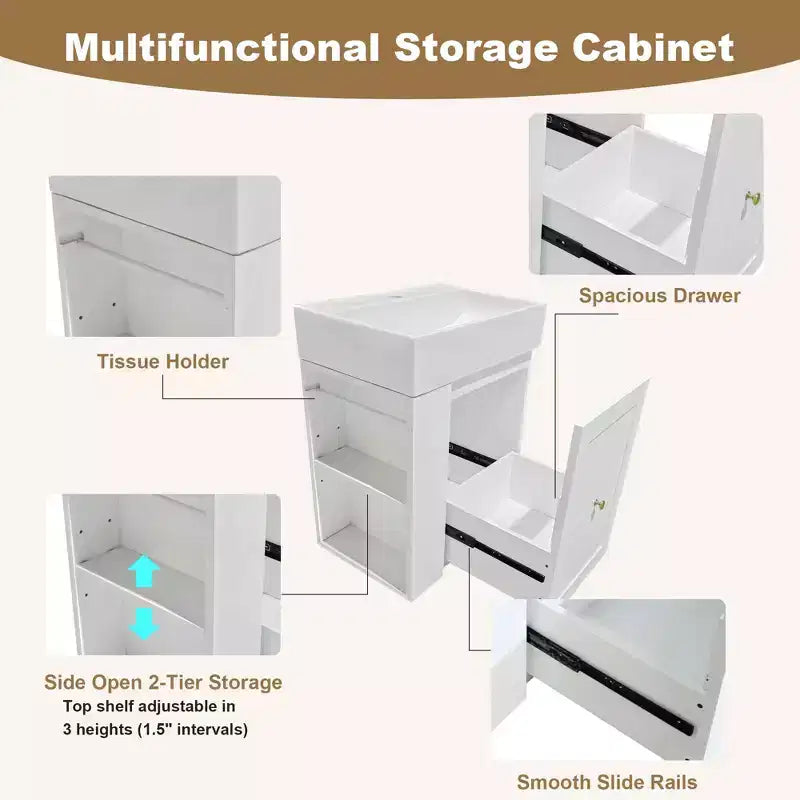 Meuble-lavabo avec évier en céramique, tiroir de rangement en MDF, étagère latérale et poignée dorée
