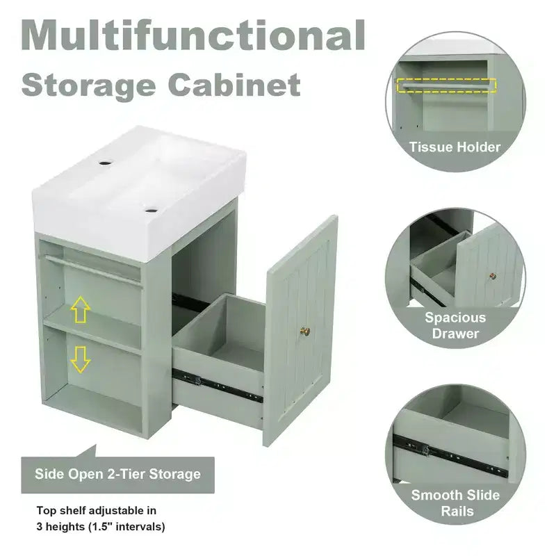 Meuble-lavabo avec évier en céramique, tiroir de rangement en MDF, étagère latérale et poignée dorée