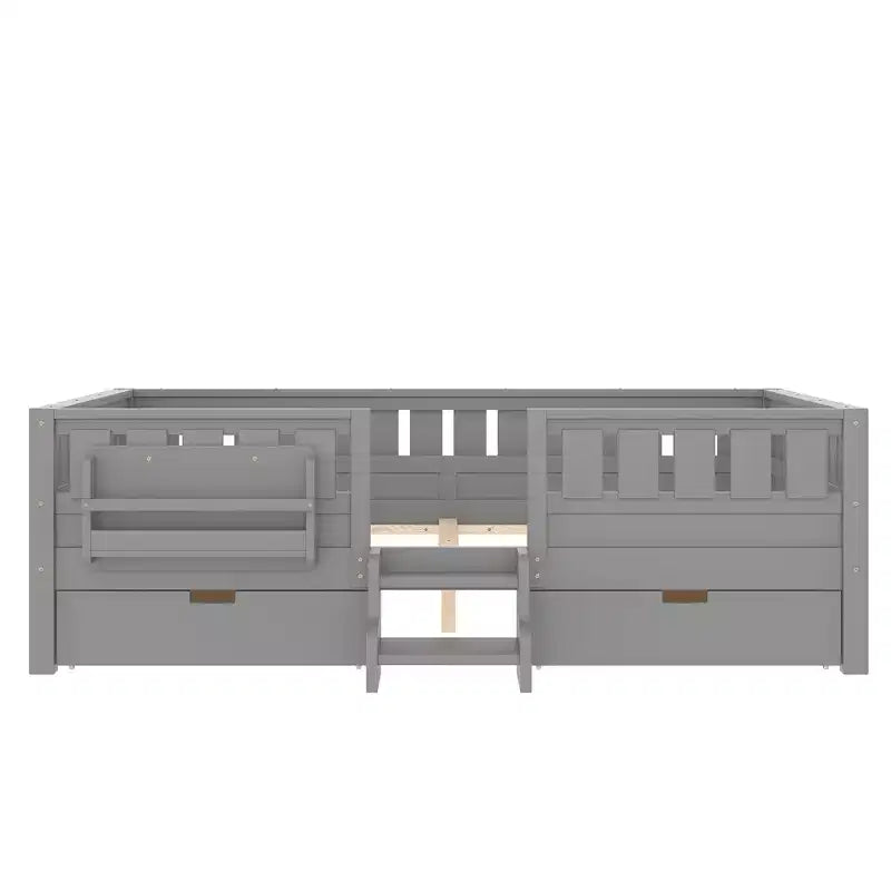 Lit pour tout-petits Bellemave Queen Size avec 14 barrières de sécurité, cadre de lit peu encombrant avec étagères intégrées et 2 tiroirs de rangement sous le lit